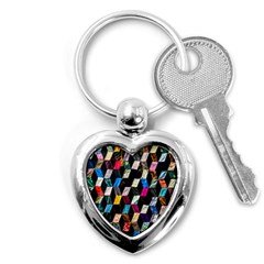 Abstract Multicolor Cubes 3d Quilt Fabric Key Chains (heart)  by Sapixe