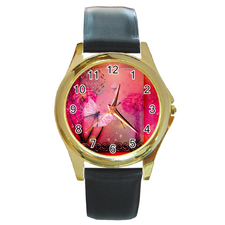 Wonderful Butterflies With Dragonfly Round Gold Metal Watch