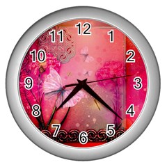 Wonderful Butterflies With Dragonfly Wall Clocks (silver)  by FantasyWorld7