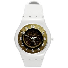 Abstract Steampunk Textures Golden Round Plastic Sport Watch (M)