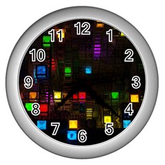 Abstract 3d Cg Digital Art Colors Cubes Square Shapes Pattern Dark Wall Clocks (silver)  by Sapixe