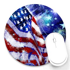 American Flag Red White Blue Fireworks Stars Independence Day Round Mousepads by Sapixe