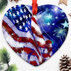 American Flag Red White Blue Fireworks Stars Independence Day Ornament (heart) by Sapixe