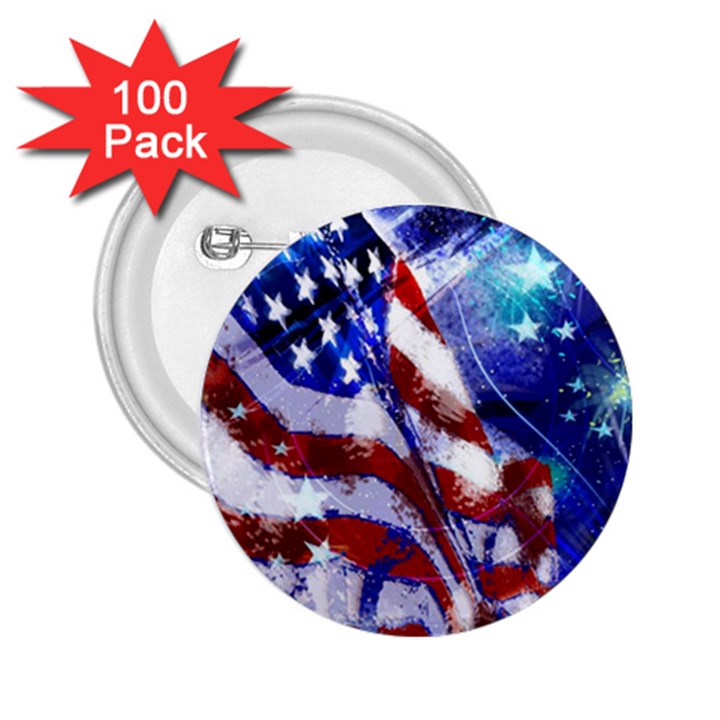 American Flag Red White Blue Fireworks Stars Independence Day 2.25  Buttons (100 pack) 