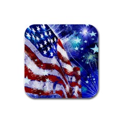 American Flag Red White Blue Fireworks Stars Independence Day Rubber Square Coaster (4 Pack)  by Sapixe