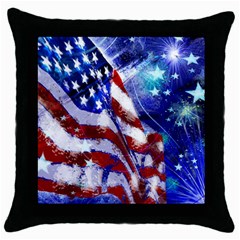 American Flag Red White Blue Fireworks Stars Independence Day Throw Pillow Case (black) by Sapixe