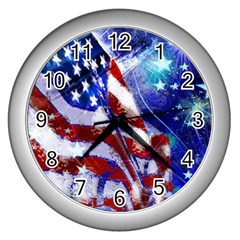 American Flag Red White Blue Fireworks Stars Independence Day Wall Clocks (silver)  by Sapixe