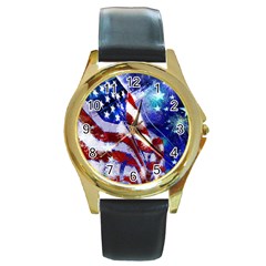 American Flag Red White Blue Fireworks Stars Independence Day Round Gold Metal Watch by Sapixe