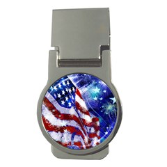 American Flag Red White Blue Fireworks Stars Independence Day Money Clips (round)  by Sapixe