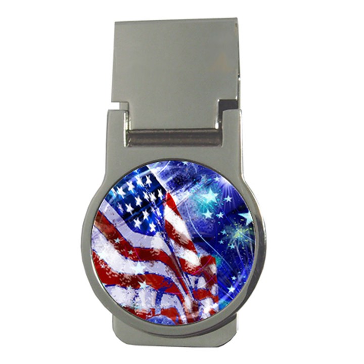 American Flag Red White Blue Fireworks Stars Independence Day Money Clips (Round) 