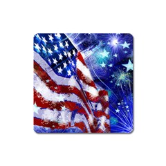 American Flag Red White Blue Fireworks Stars Independence Day Square Magnet by Sapixe