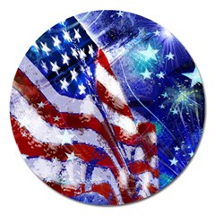 American Flag Red White Blue Fireworks Stars Independence Day Magnet 5  (round) by Sapixe