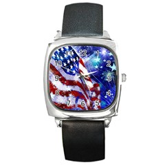 American Flag Red White Blue Fireworks Stars Independence Day Square Metal Watch by Sapixe