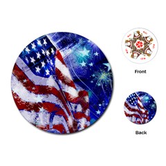 American Flag Red White Blue Fireworks Stars Independence Day Playing Cards (round)  by Sapixe