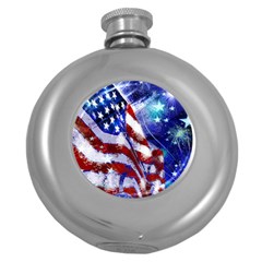 American Flag Red White Blue Fireworks Stars Independence Day Round Hip Flask (5 Oz) by Sapixe