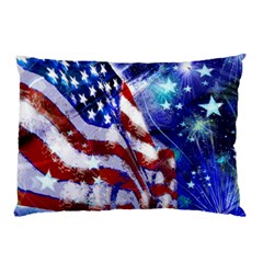 American Flag Red White Blue Fireworks Stars Independence Day Pillow Case by Sapixe