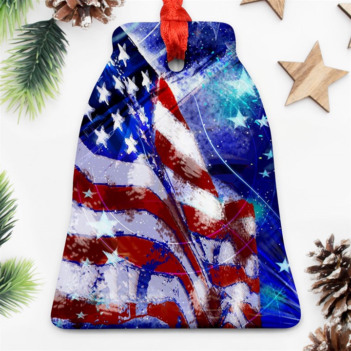 American Flag Red White Blue Fireworks Stars Independence Day Bell Ornament (Two Sides)