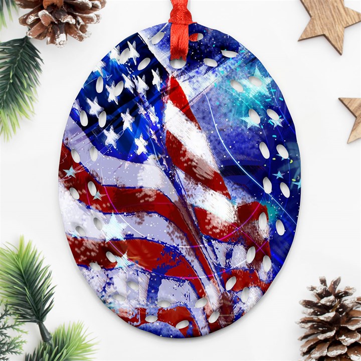 American Flag Red White Blue Fireworks Stars Independence Day Ornament (Oval Filigree)