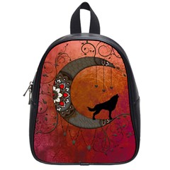 Black Wolf On Decorative Steampunk Moon School Bag (small) by FantasyWorld7