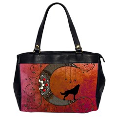 Black Wolf On Decorative Steampunk Moon Office Handbags (2 Sides)  by FantasyWorld7