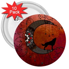 Black Wolf On Decorative Steampunk Moon 3  Buttons (10 Pack)  by FantasyWorld7