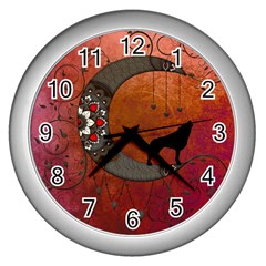 Black Wolf On Decorative Steampunk Moon Wall Clocks (silver)  by FantasyWorld7