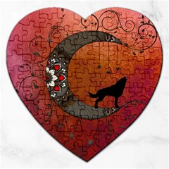 Black Wolf On Decorative Steampunk Moon Jigsaw Puzzle (heart) by FantasyWorld7