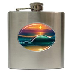 Art Sunset Beach Sea Waves Hip Flask (6 Oz) by Sapixe