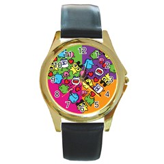 Cartoon Pattern Round Gold Metal Watch by Sapixe