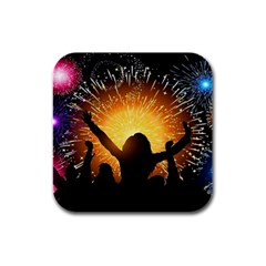 Celebration Night Sky With Fireworks In Various Colors Rubber Square Coaster (4 Pack)  by Sapixe