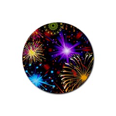 Celebration Fireworks In Red Blue Yellow And Green Color Rubber Coaster (round)  by Sapixe