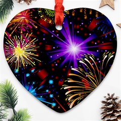 Celebration Fireworks In Red Blue Yellow And Green Color Heart Ornament (two Sides) by Sapixe