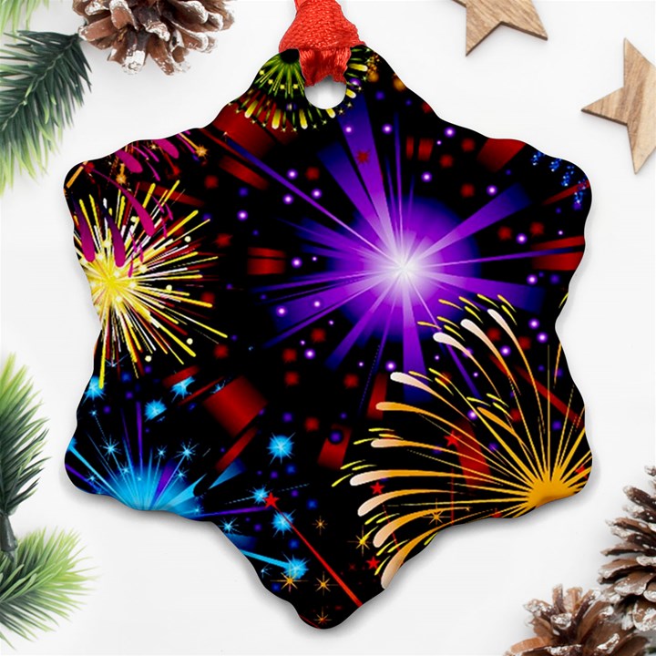 Celebration Fireworks In Red Blue Yellow And Green Color Snowflake Ornament (Two Sides)