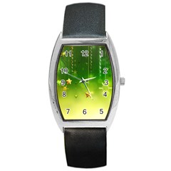 Christmas Green Background Stars Snowflakes Decorative Ornaments Pictures Barrel Style Metal Watch by Sapixe