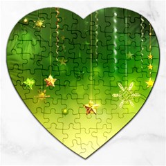 Christmas Green Background Stars Snowflakes Decorative Ornaments Pictures Jigsaw Puzzle (heart) by Sapixe