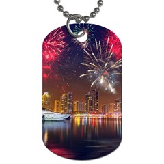 Christmas Night In Dubai Holidays City Skyscrapers At Night The Sky Fireworks Uae Dog Tag (one Side)