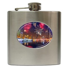 Christmas Night In Dubai Holidays City Skyscrapers At Night The Sky Fireworks Uae Hip Flask (6 Oz) by Sapixe