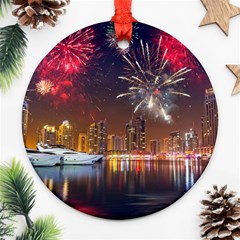 Christmas Night In Dubai Holidays City Skyscrapers At Night The Sky Fireworks Uae Round Ornament (two Sides) by Sapixe