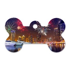 Christmas Night In Dubai Holidays City Skyscrapers At Night The Sky Fireworks Uae Dog Tag Bone (two Sides) by Sapixe