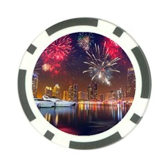 Christmas Night In Dubai Holidays City Skyscrapers At Night The Sky Fireworks Uae Poker Chip Card Guard by Sapixe