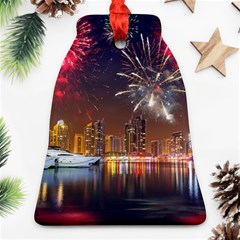 Christmas Night In Dubai Holidays City Skyscrapers At Night The Sky Fireworks Uae Ornament (bell) by Sapixe