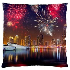 Christmas Night In Dubai Holidays City Skyscrapers At Night The Sky Fireworks Uae Large Cushion Case (two Sides) by Sapixe