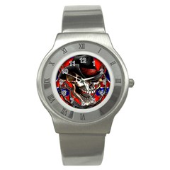 Confederate Flag Usa America United States Csa Civil War Rebel Dixie Military Poster Skull Stainless Steel Watch by Sapixe