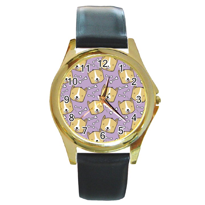 Dog Pattern Round Gold Metal Watch