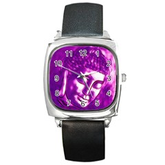 Purple Buddha Art Portrait Square Metal Watch by yoursparklingshop