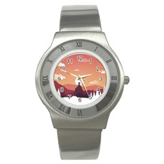 Design Art Hill Hut Landscape Stainless Steel Watch by Nexatart