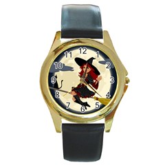 Witch Witchcraft Broomstick Broom Round Gold Metal Watch by Nexatart