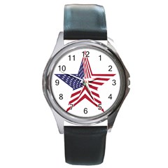 A Star With An American Flag Pattern Round Metal Watch by Nexatart