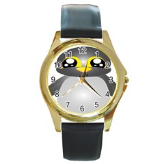 Cute Penguin Animal Round Gold Metal Watch by Nexatart