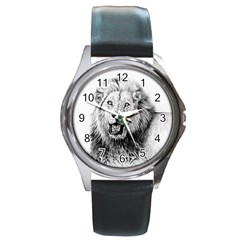 Lion Wildlife Art And Illustration Pencil Round Metal Watch by Nexatart